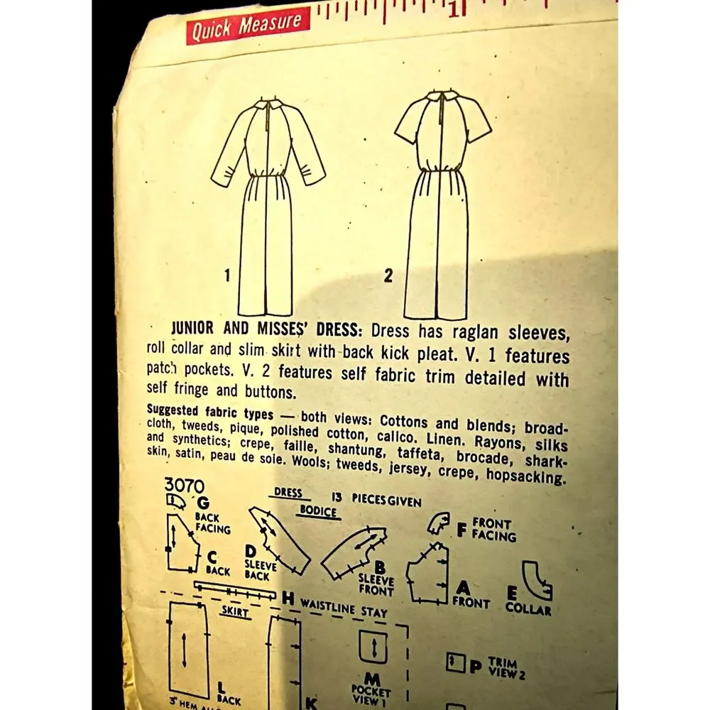 1976.  Simplicity Sewing Pattern 3070  Sheath Dress Slim Skirt Sz 13 Junior